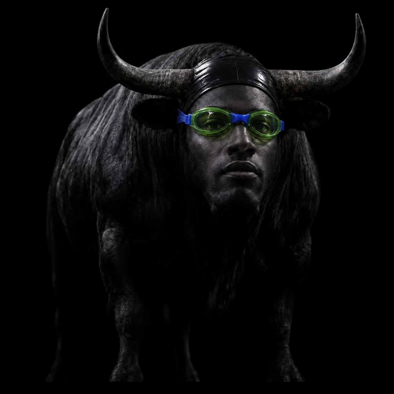 The Nas Bull wearing a black swim cap and green goggles